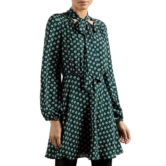 Ted Baker Womens Designer Green Floral Rocoo Tie Neck Dress Size 3 US 8 - Picture 1 of 8